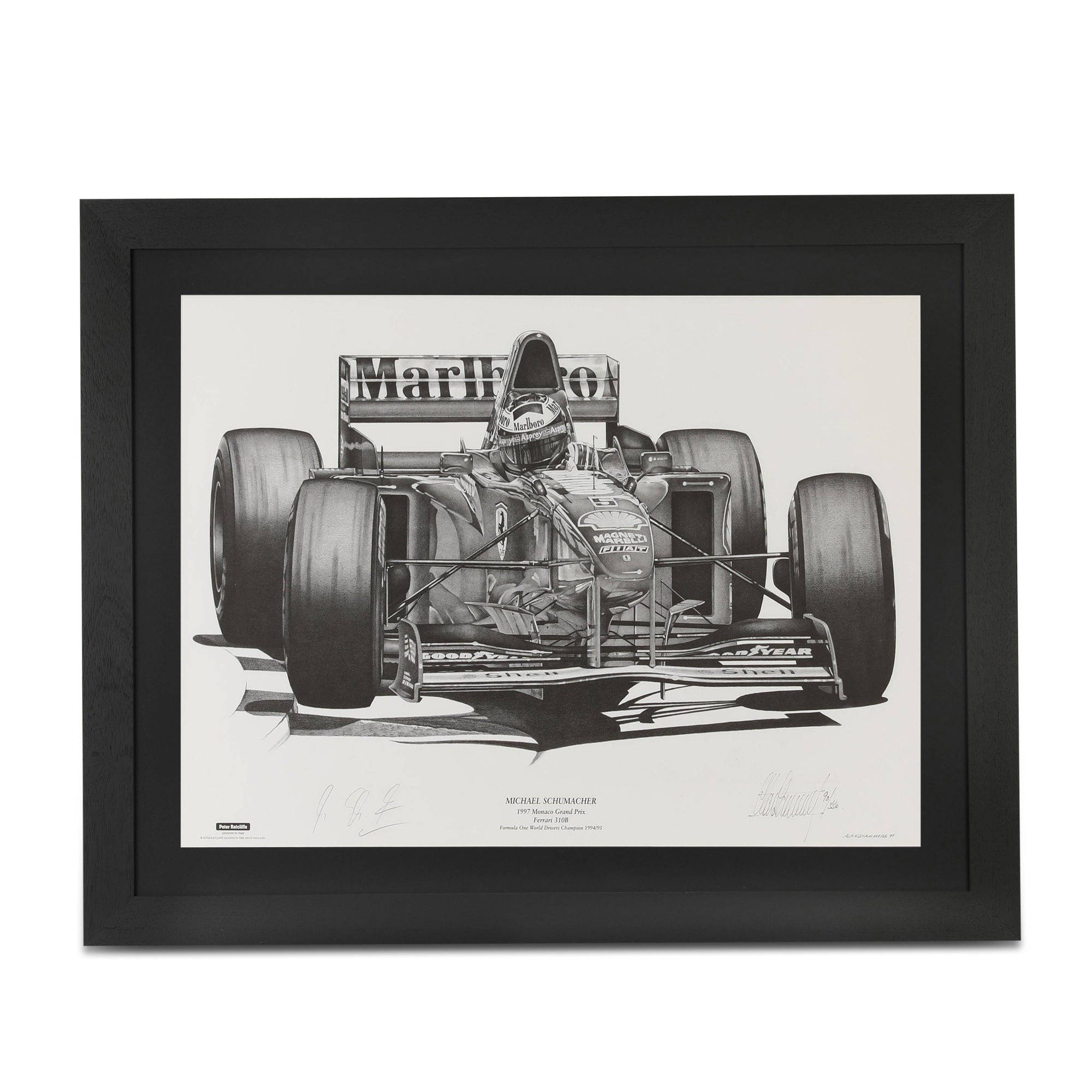 Michael Schumacher 1997 Signed Monaco Scuderia Ferrari F310B Print Drawing – By Alan Stammers