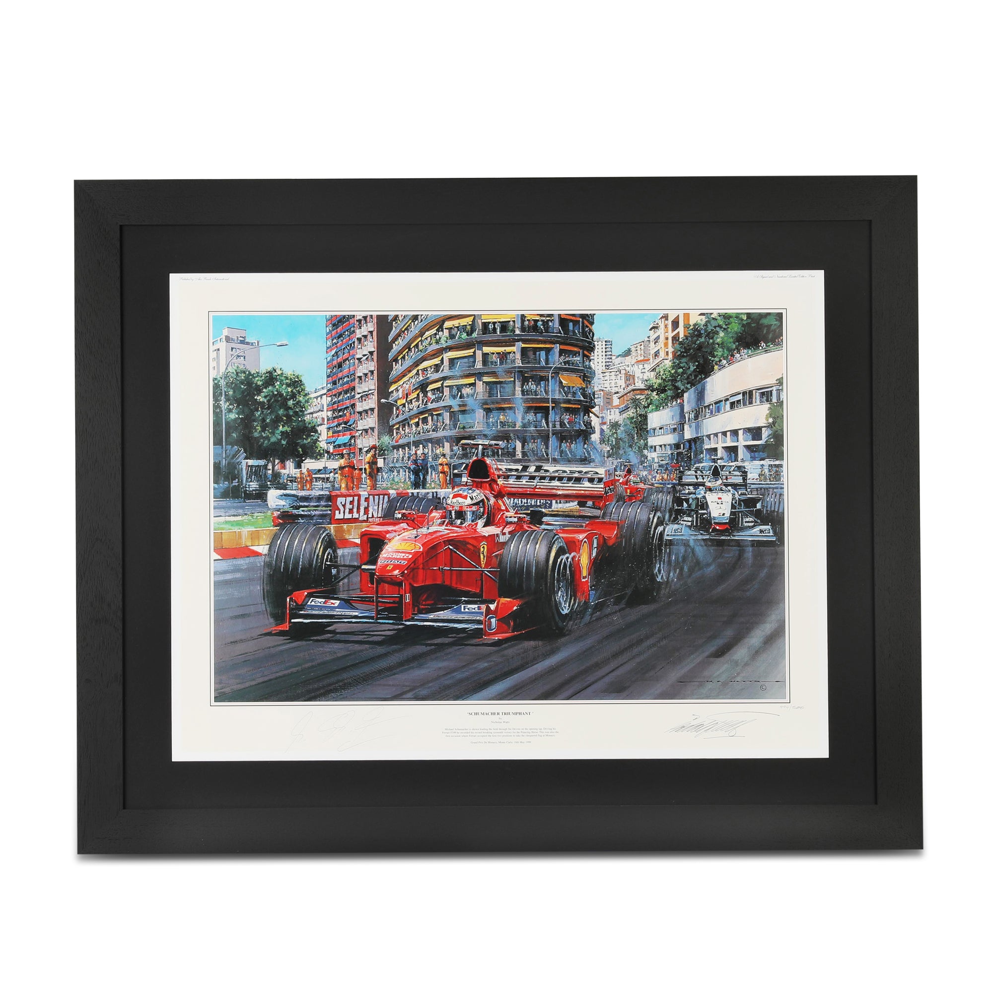 Michael Schumacher 1999 Signed Monaco ‘Schumacher Triumphant’ Giclee Art Print – By Nicholas Watts