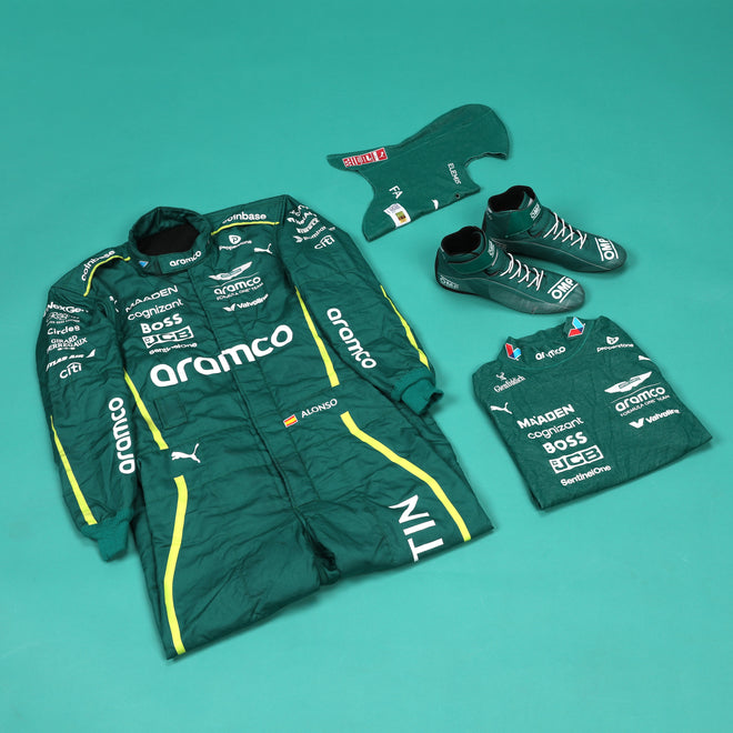 LOT 533 - Fernando Alonso Un-Signed 2025 Aston Martin Aramco Formula One Team Suit / Nomex / Boots & Balaclava