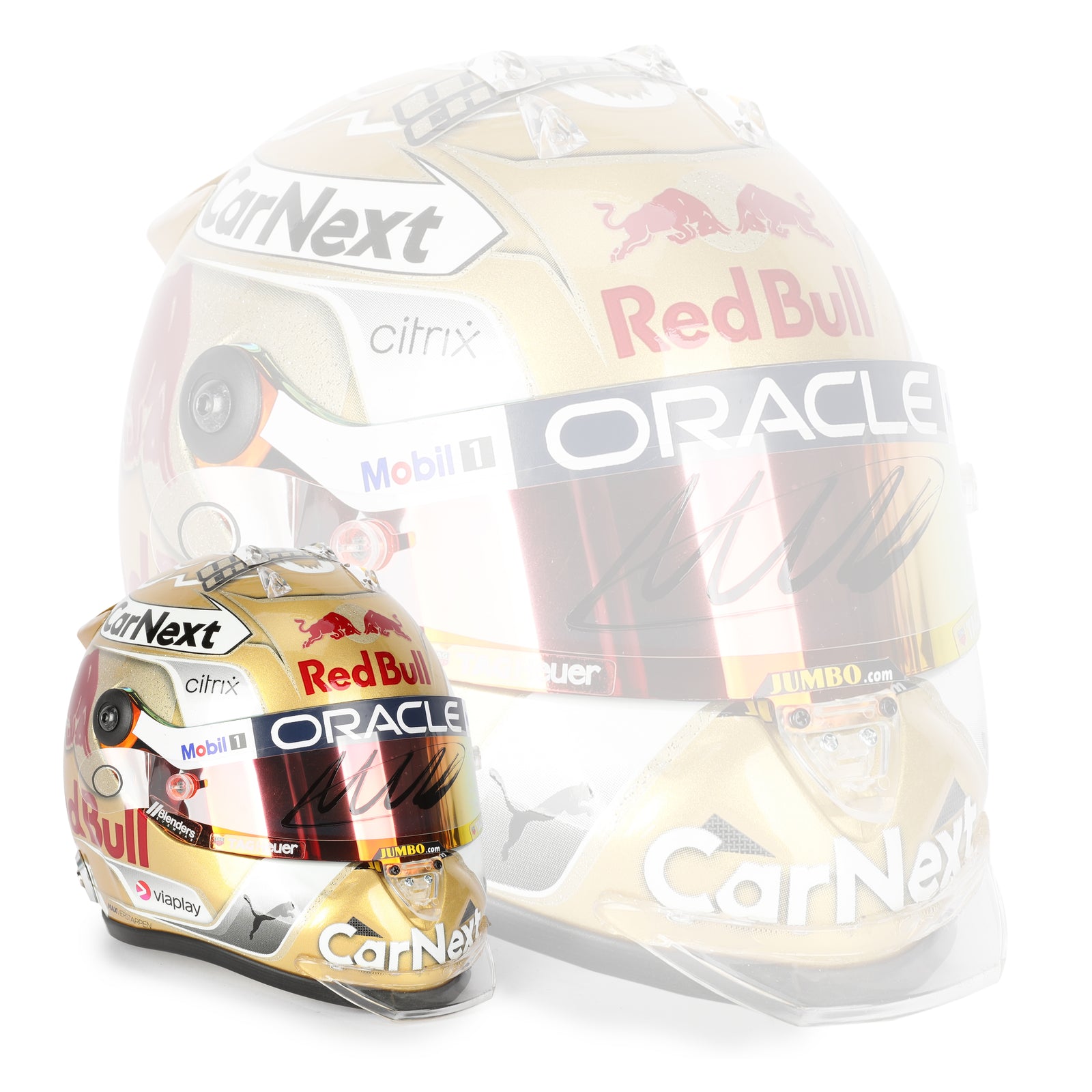 LOT 742 - Max Verstappen 2022 World Championship Signed 1.2 Scale Mini Helmet