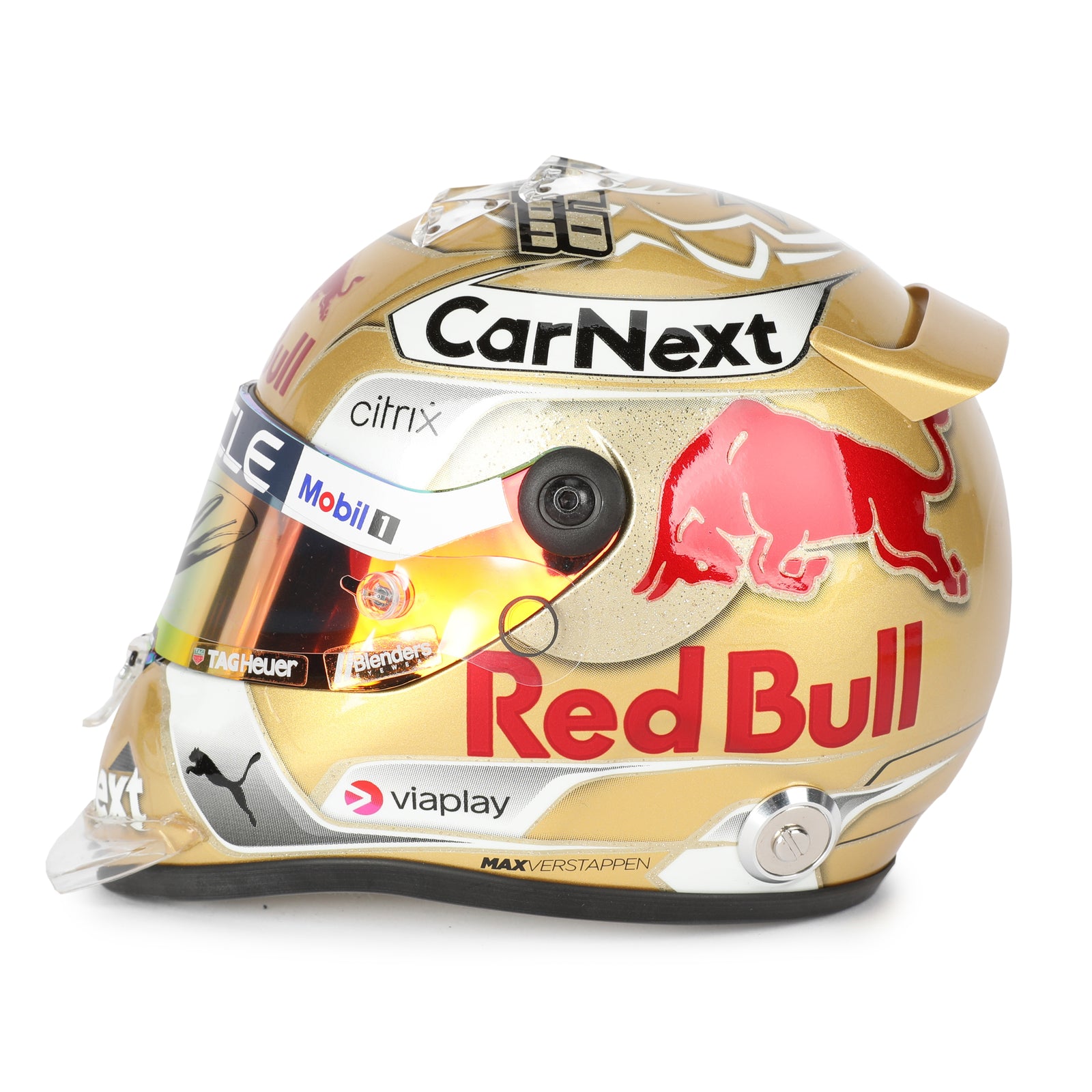LOT 742 - Max Verstappen 2022 World Championship Signed 1.2 Scale Mini Helmet