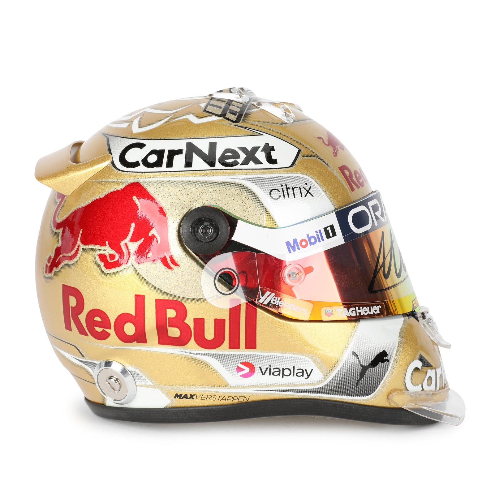 LOT 742 - Max Verstappen 2022 World Championship Signed 1.2 Scale Mini Helmet