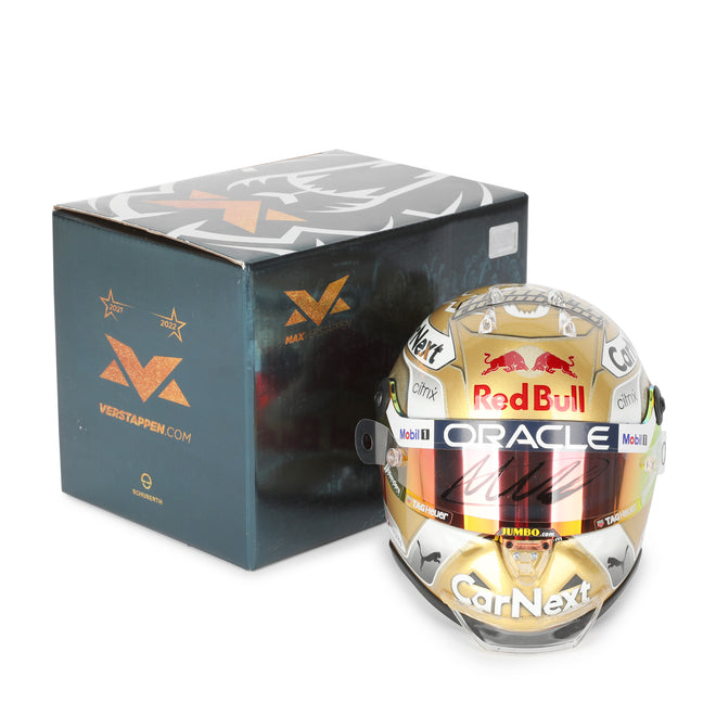 LOT 740 - Max Verstappen 2022 World Championship Signed 1.2 Scale Mini Helmet