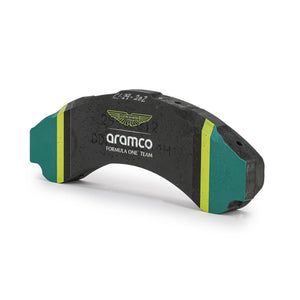 Close-up of Aston Martin Formula 1 brake pad memorabilia piece