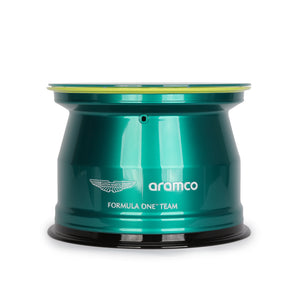 Aston Martin Aramco Formula One Team Front Wheel Rim Table 2024 Formula 1 collectible displayed in premium motorsport display