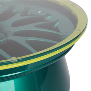 Close-up of Aston Martin Aramco Formula One Team Front Wheel Rim Table 2024 Formula 1 memorabilia detail