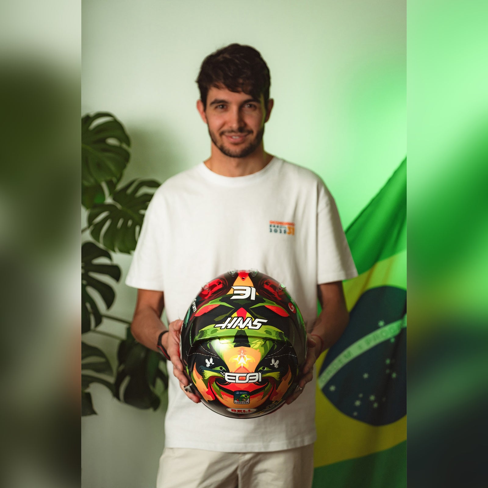 Esteban Ocon 2025 Race Used Haas F1 Team Helmet - Brazil GP