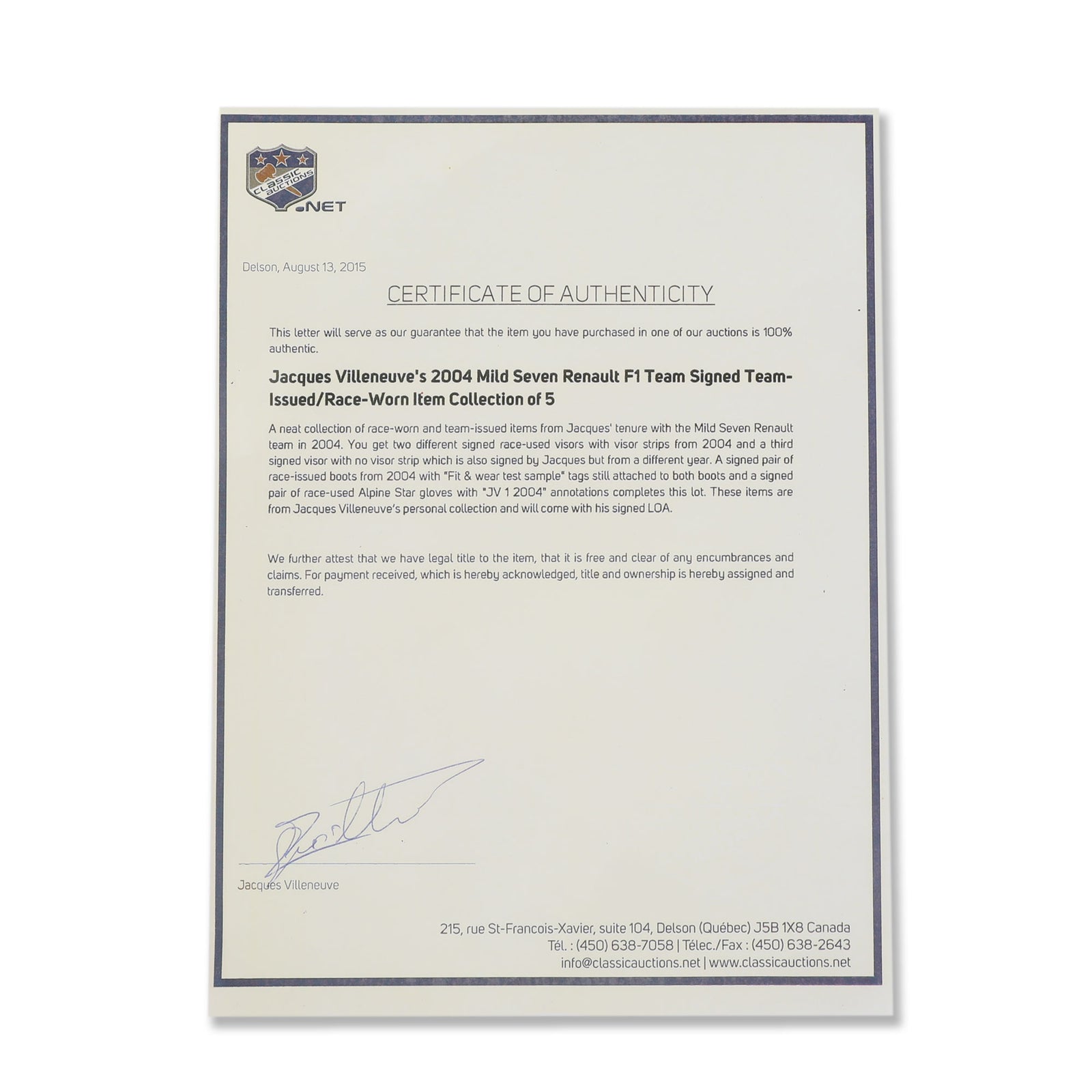 LOT 747 - Jacques Villeneuve Signed 2004 Renault F1 Team Race Used Helmet Visor