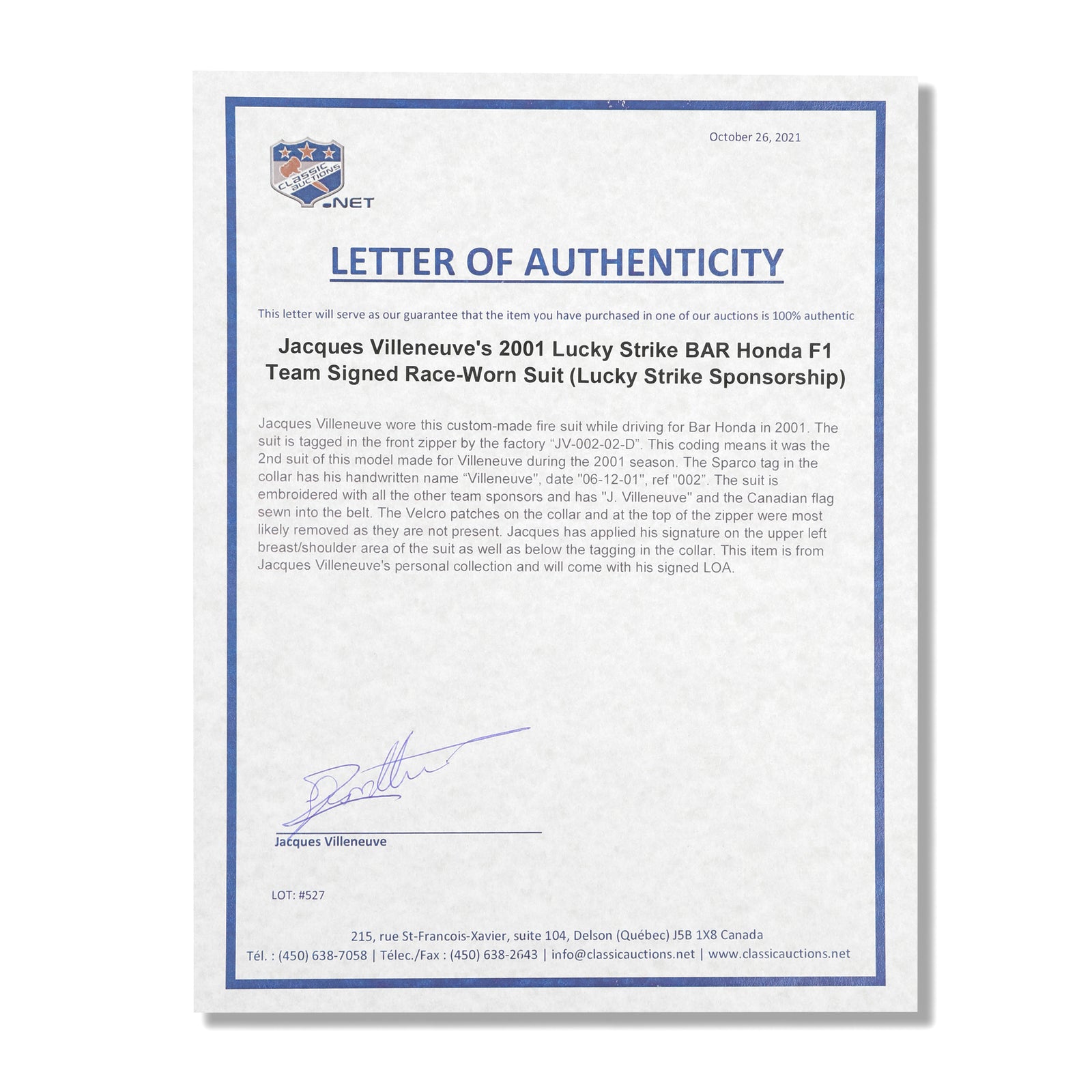 Season Launch LOT 413 - Jacques Villeneuve 2001 Signed BAR Suit