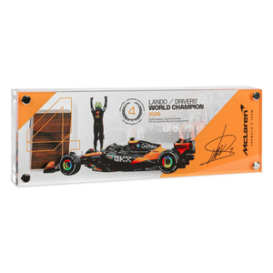 Lando Norris 2025 Championship Edition Grand Prix-used McLaren skid plank piece in acrylic, authentic Formula 1 memorabilia and premium collector display