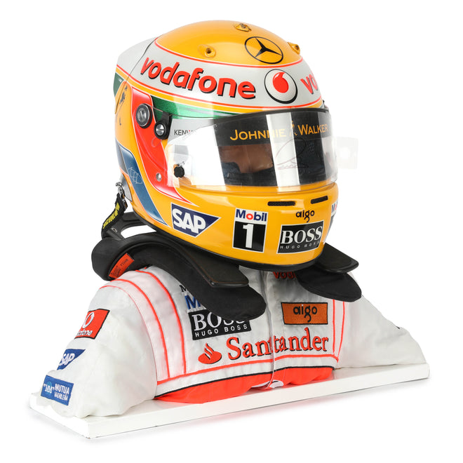 The Austin Auction LOT 062 - Lewis Hamilton 2008 First Championship Season Display Set - Includes Replica Helmet, Race Used Visor & Hans Device