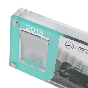 Close-up of Lewis Hamilton 2013 ‘First Win’ Bodywork in Acrylic – Hungarian GP Formula 1 memorabilia detail