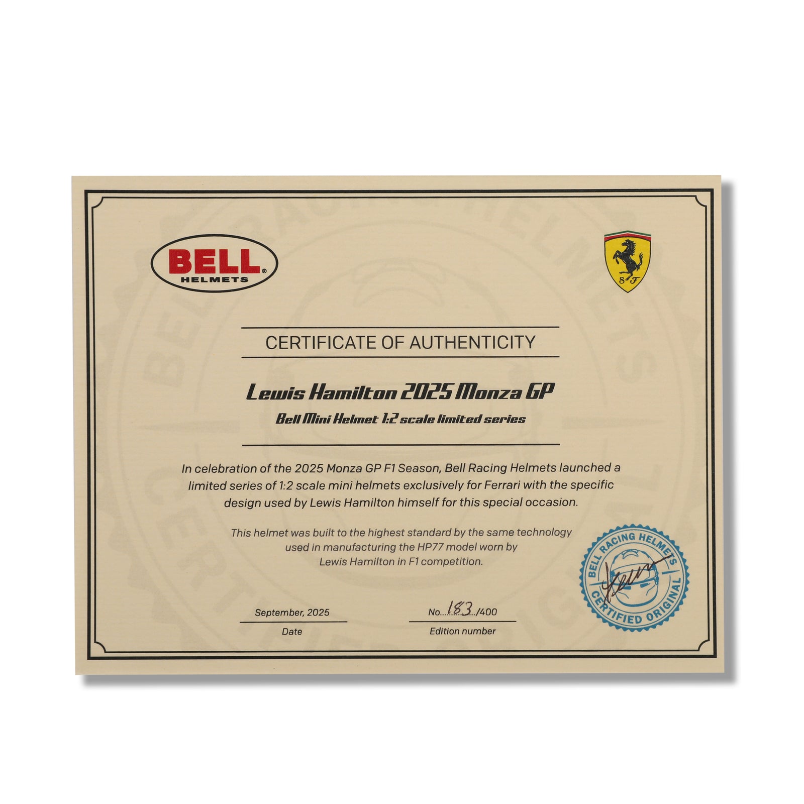 LOT 245 - Lewis Hamilton 2025 Signed Mini Helmet - Monza GP