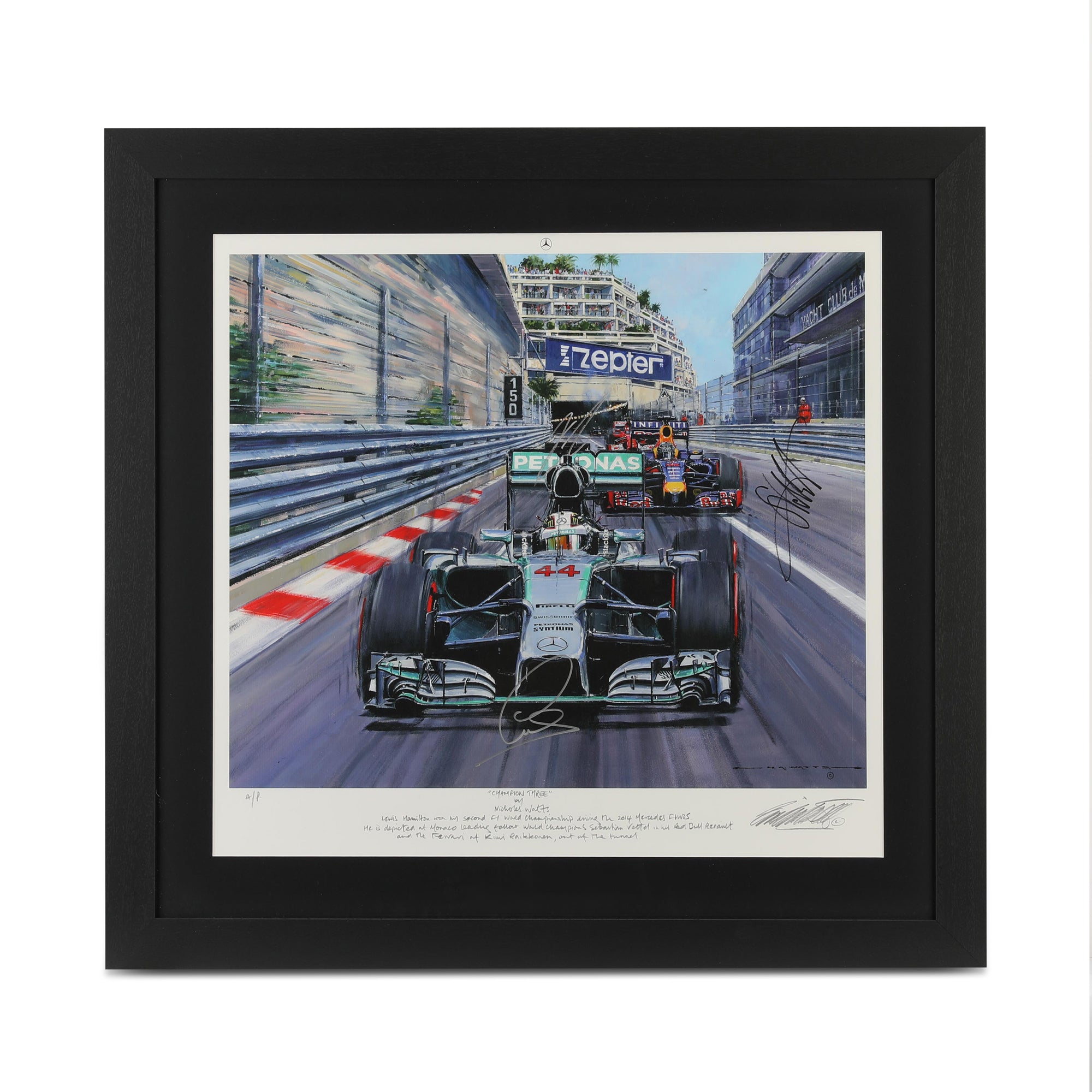 Lewis Hamilton, Sebastian Vettel & Kimi Räikkönen Triple Signed Print – 2014 Monaco Grand Prix