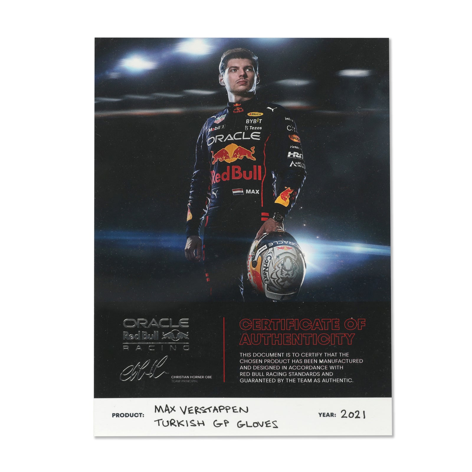 The Silverstone Auction LOT 012 - Max Verstappen 2021 Race Worn Red Bull Racing Gloves - Turkish GP