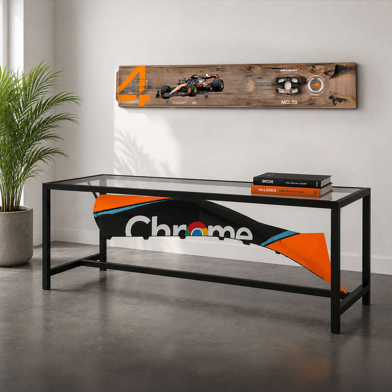 McLaren F1 Team 2023 MCL60 engine cover table crafted from an authentic Formula 1 engine cover premium motorsport display furniture