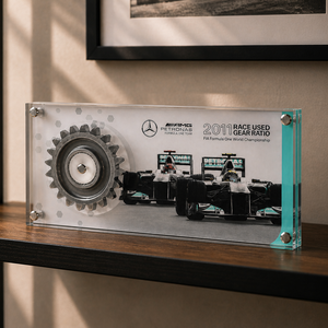 Authentic Mercedes AMG Petronas 2011 Formula 1 gear ratio in acrylic, genuine motorsport engineering memorabilia for collector display