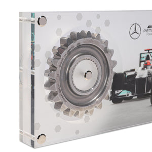 Authentic Mercedes AMG Petronas 2011 gear ratio mounted in acrylic, genuine Formula 1 engineering collectible for home or office display