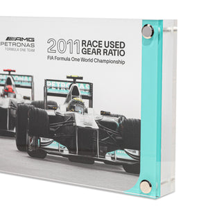 Mercedes AMG Petronas 2011 Formula 1 gear ratio in acrylic, authentic engineering memorabilia and exclusive collector display piece