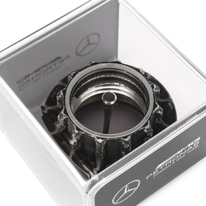 2013 Mercedes AMG Petronas Formula 1 Grand Prix-used black wheel nut in display case, authentic engineering collectible and premium display piece
