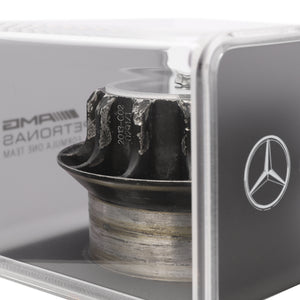 Mercedes AMG Petronas 2013 black Formula 1 Grand Prix-used wheel nut in display case, authentic motorsport engineering memorabilia for collector display
