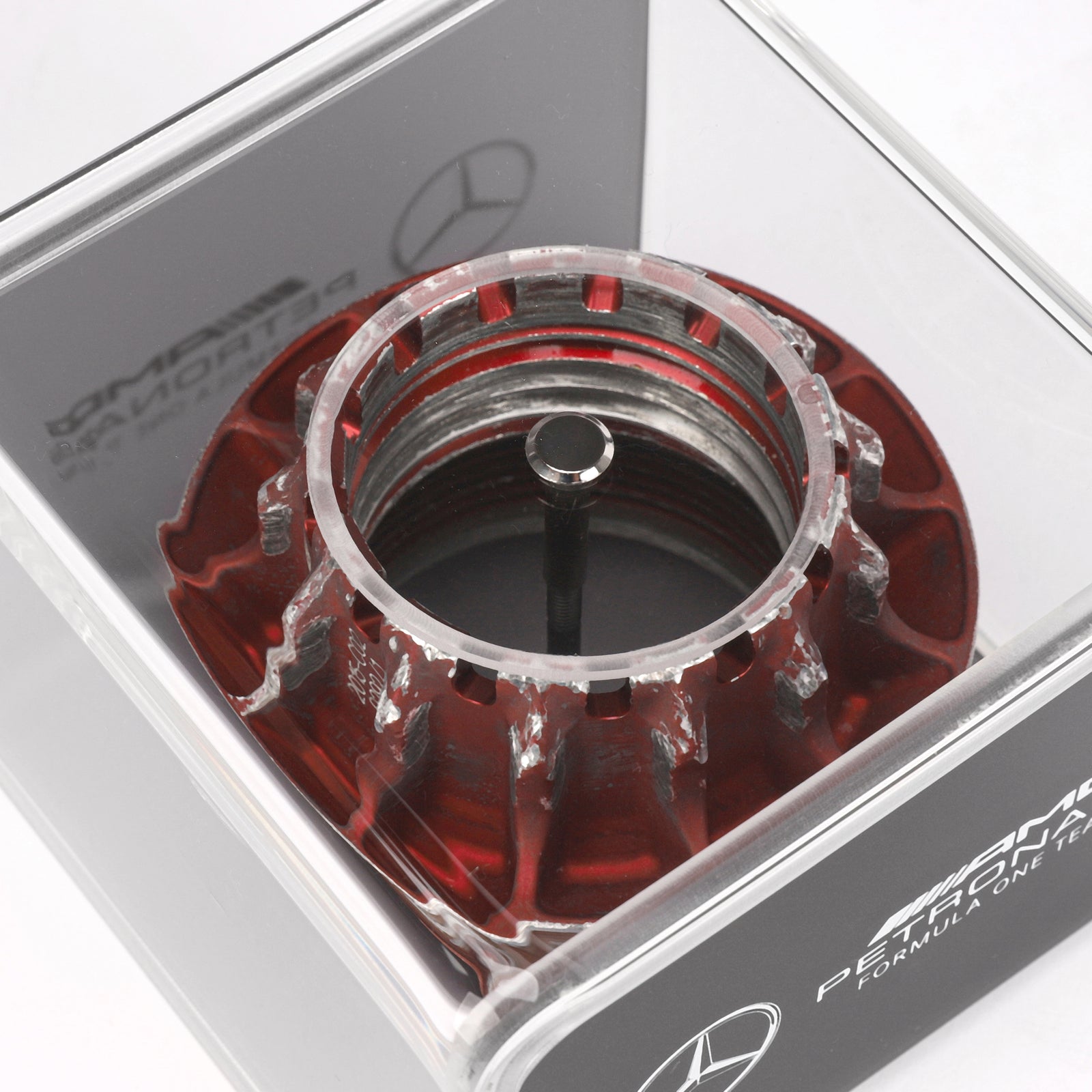 Mercedes AMG Petronas 2015 Grand Prix Used Red Wheel Nut in Display Case