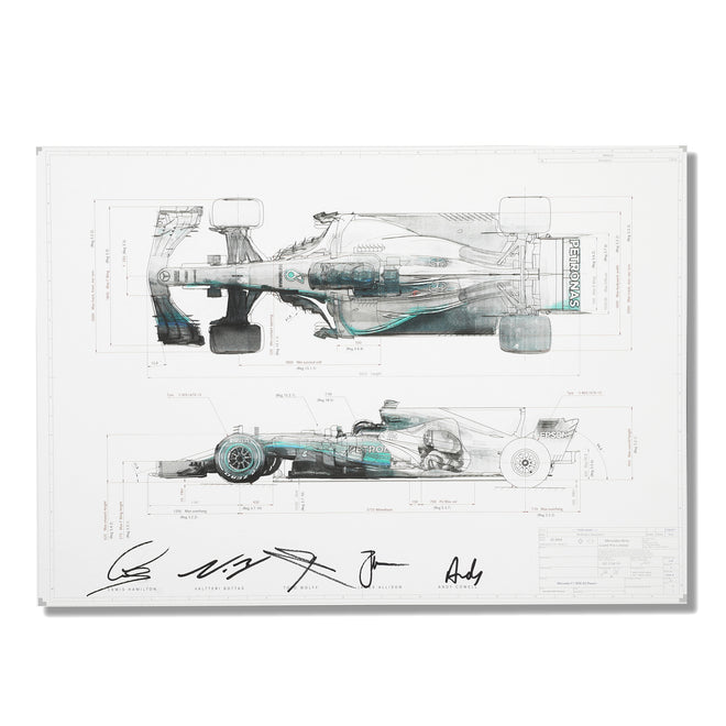 Season Launch LOT 408 - Mercedes 2017 Engineering Drawing - Signed by Lewis Hamilton, Valtteri Bottas, Toto Wolff and Alison Cowell