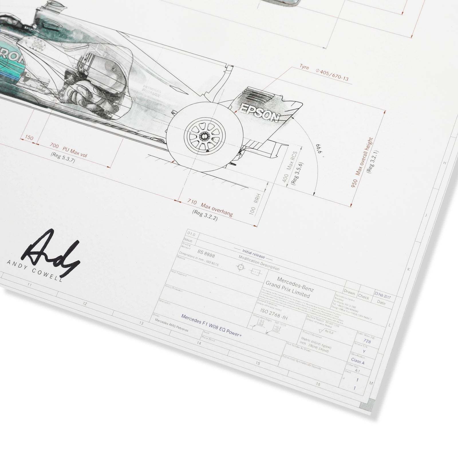 Season Launch LOT 408 - Mercedes 2017 Engineering Drawing - Signed by Lewis Hamilton, Valtteri Bottas, Toto Wolff and Alison Cowell