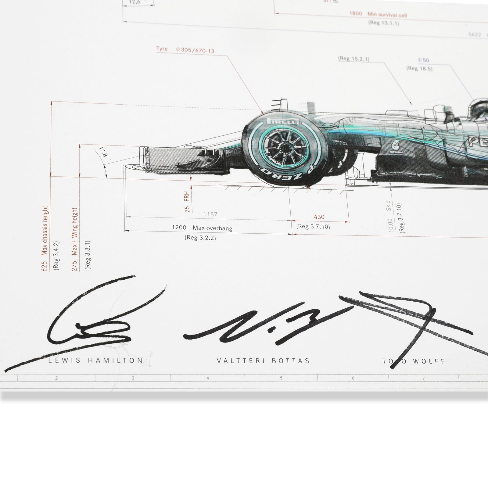 Season Launch LOT 408 - Mercedes 2017 Engineering Drawing - Signed by Lewis Hamilton, Valtteri Bottas, Toto Wolff and Alison Cowell