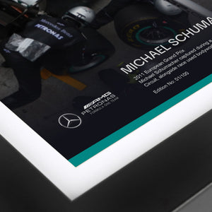 Authentic 2011 Michael Schumacher 'Pitstop' Formula 1 bodywork and photo display, genuine race-used memorabilia for collectors