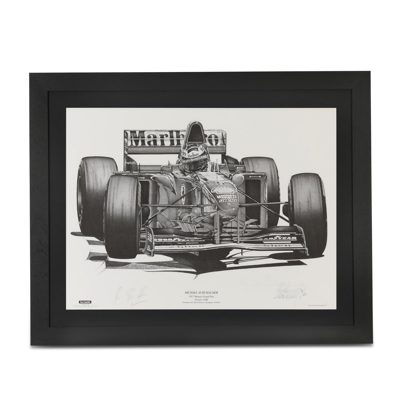 LOT 004 - Michael Schumacher 1997 Signed Monaco Scuderia Ferrari F310B Print Drawing – By Alan Stammers