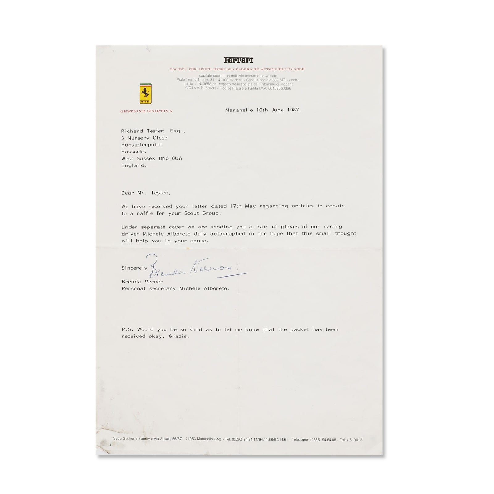 LOT 710 - Michele Alboreto 1987 Signed Scuderia Ferrari Grand Prix Used Gloves