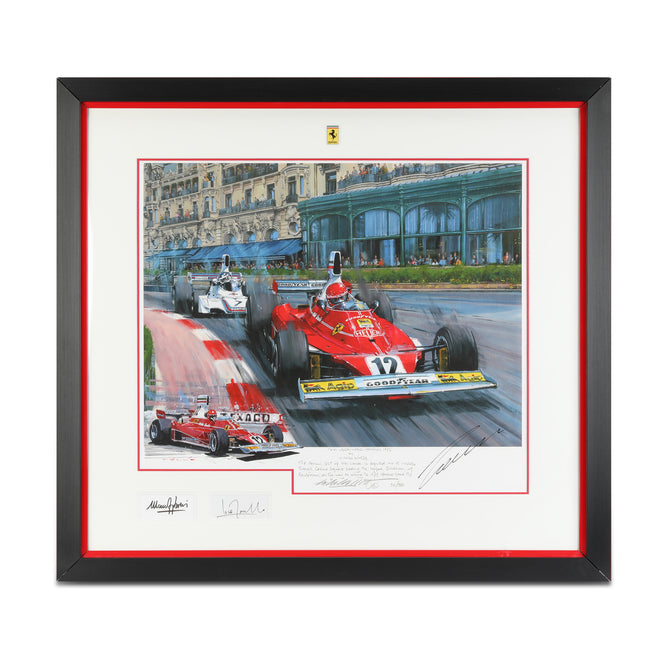 LOT 024 - Niki Lauda 1975 Ferrari Print - Nicholas Watts Signed Lauda Montezemolo Forghieri