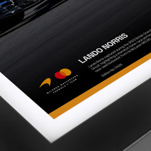 Authentic Lando Norris 2023 McLaren F1 Team British Grand Prix bodywork and photo display featuring genuine Formula 1 race-used bodywork for collectors