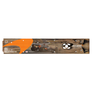 Oscar Piastri 2025 McLaren F1 Team race-used rear skid plank wall art from the Japanese Grand Prix featuring genuine Formula 1 race car bodywork for collector display
