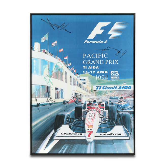 The Miami Auction LOT 015 - Pacific Grand Prix Poster 1994- Senna, Schumacher, Hakkinen, Alesi & Hill Signed Framed
