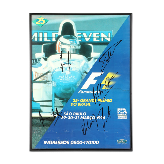 The Miami Auction LOT 013 - Poster 1996 Brazil GP- Schumacher, Villeneuve, Piquet, Hill & Berger Signed Framed