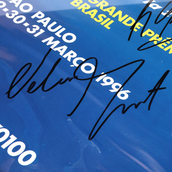 The Miami Auction LOT 013 - Poster 1996 Brazil GP- Schumacher, Villeneuve, Piquet, Hill & Berger Signed Framed