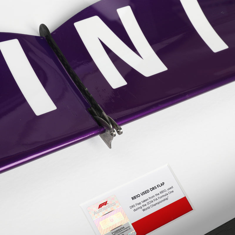 Authentic 2014 Infiniti Red Bull Racing Grand Prix-used DRS flap, genuine Formula 1 race-used bodywork and collector display