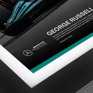 Authentic George Russell 2022 Brazilian Grand Prix bodywork and photo display featuring genuine Formula 1 race-used bodywork for collectors