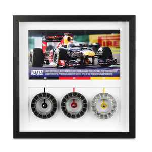 Sebastian Vettel framed Grand Prix-used Red Bull Racing wheel nuts displayed in a premium collector frame, authentic Formula 1 engineering collectible