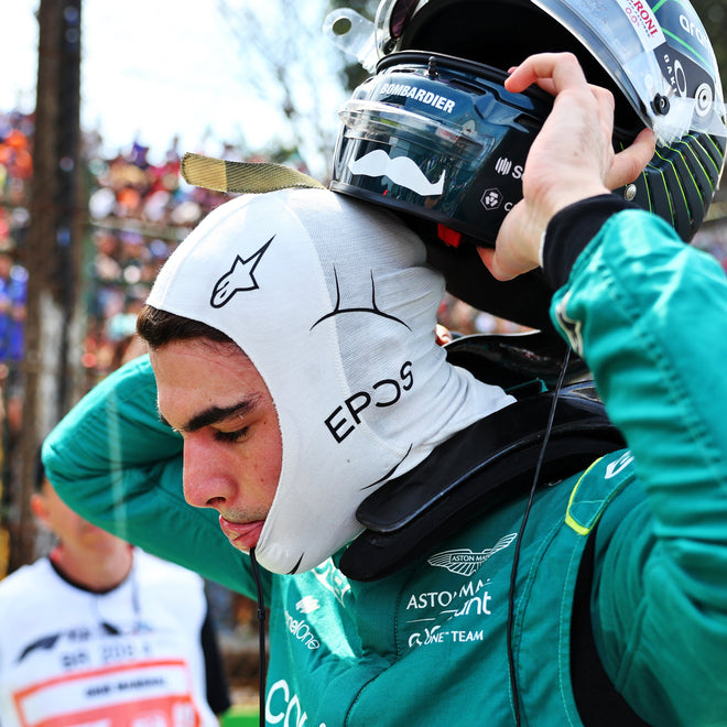 2023 Lance Stroll Grand Prix used Aston Martin Formula One Team balaclava motorsport memorabilia display