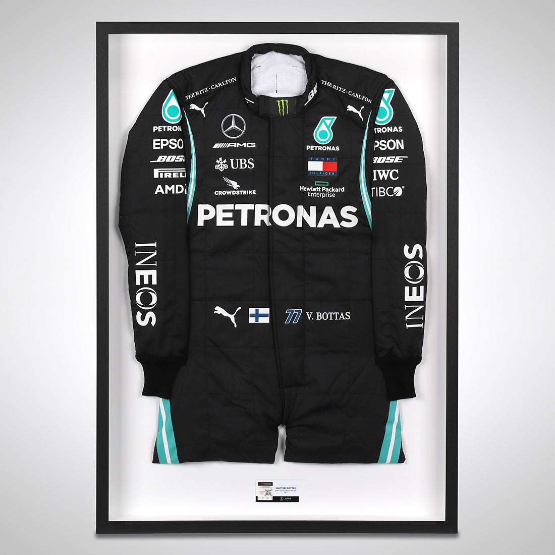 Framed black Race spec race suit made for Valtteri Bottas